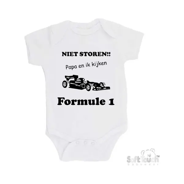 100% Katoenen Romper "Niet Storen!! Papa En Ik Kijken Formule 1" Unisex Katoen Wit/zwart Maat 62/68 thumbnail
