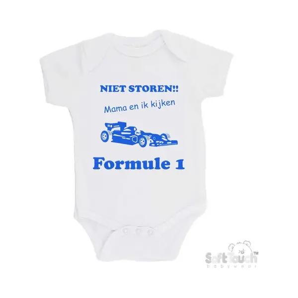 100% Katoenen Romper "Niet Storen!! Mama En Ik Kijken Formule 1" Jongens Katoen Wit/blauw Maat 62/68 thumbnail