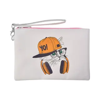 Melady Een Stoer Tasje (22x15cm) Met Rits Waarop Een Leuke Afbeelding Van Een Kat Met Pet, Koptelefoon Op De Voor En Achterkant Staat. Voor Op Reis Of Thuis.