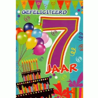 Wenskaartenplein.nl Gefeliciteerd! Je Bent 7 Jaar Geworden! Een Feestelijke Kaart Met Slingers En Ballonnen. En Niet Te Vergeten De Taart. Een Leuke Kaart Om Zo Te Geven