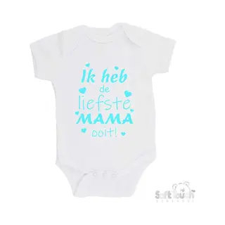 100% Katoenen Romper "Ik Heb De Liefste Mama Ooit!" Moederdag Unisex Katoen Wit/aquablauw Maat 56/62