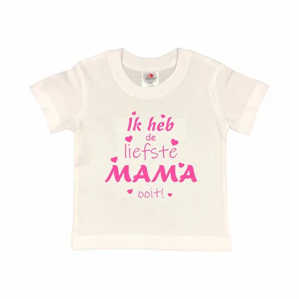 T-shirt Kinderen "Ik Heb De Liefste Mama Ooit!" Moederdag | Korte Mouw | Wit/roze | Maat 122/128 (S) thumbnail