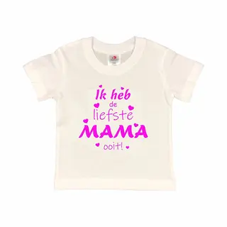 T-shirt Kinderen "Ik Heb De Liefste Mama Ooit!" Moederdag | Korte Mouw | Wit/Fluor Pink | Maat 86/92 (Xxxs)