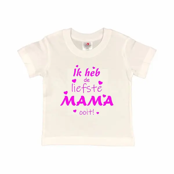 T-shirt Kinderen "Ik Heb De Liefste Mama Ooit!" Moederdag | Korte Mouw | Wit/Fluor Pink | Maat 86/92 (Xxxs) thumbnail