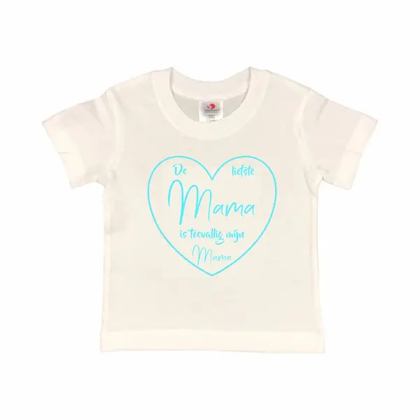 T-shirt Kinderen "De Liefste Mama Is Toevallig Mijn Mama" Moederdag | Korte Mouw | Wit/aquablauw | Maat 86/92 (Xxxs) thumbnail