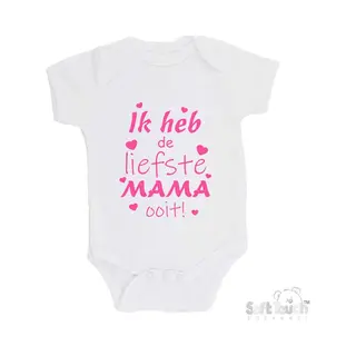 100% Katoenen Romper "Ik Heb De Liefste Mama Ooit!" Moederdag Meisjes Katoen Wit/roze Maat 68/74