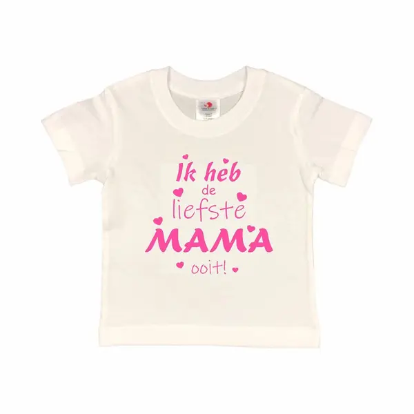 T-shirt Kinderen "Ik Heb De Liefste Mama Ooit!" Moederdag | Korte Mouw | Wit/roze | Maat 86/92 (Xxxs) thumbnail