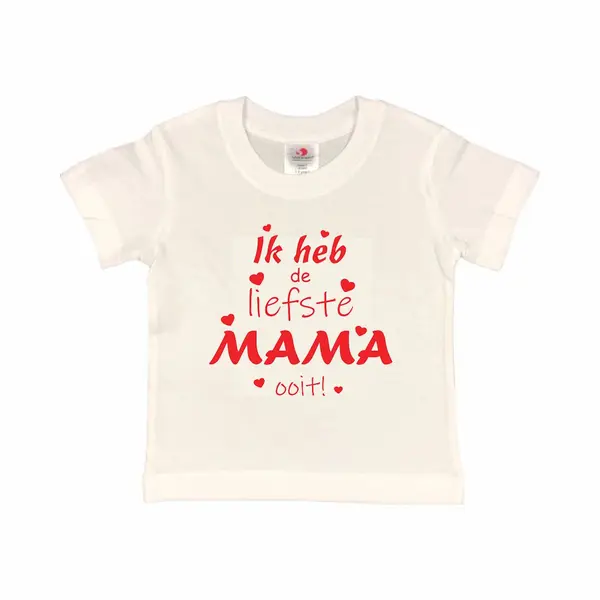 T-shirt Kinderen "Ik Heb De Liefste Mama Ooit!" Moederdag | Korte Mouw | Wit/rood | Maat 122/128 (S) thumbnail