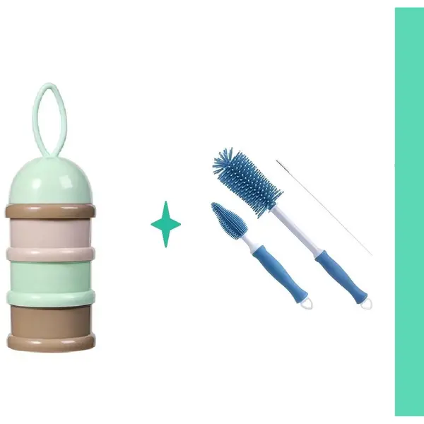 3-Laags Baby Melkpoedertoren Groen + Blauwe Flessenborstel - Melkpoeder Doseerdoosjes - Babyvoeding Bewaarbakjes Bpa Vrij - 1 Stuk thumbnail