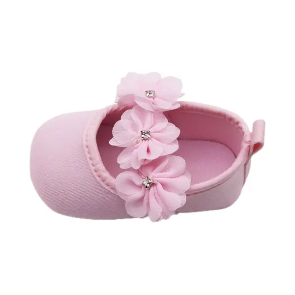 Katoenen Baby Schoenen - Inclusief Hoofdband - Baby Slippers - Slofjes - Met Anti- Slip Zool - Met Stoffen Bloemetjes - Ademend - Lichtgewicht - Maat thumbnail