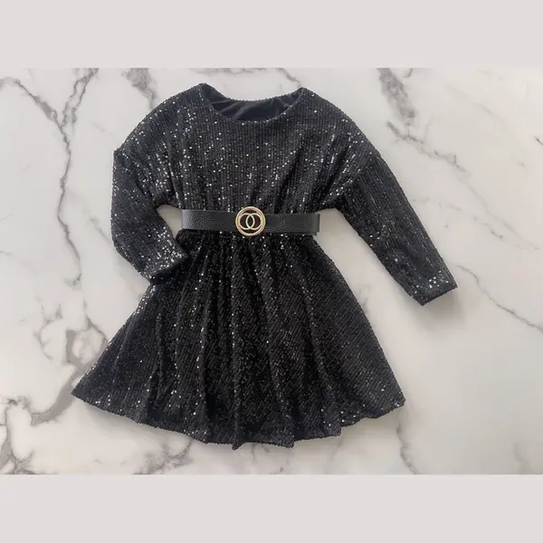 Meisjes Glitter Jurk "Zwart Met Pailletten", Verkrijgbaar In De Maten 98/104 T/m 158/164 thumbnail