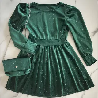Meisjes Glitter Jurk Velours Met Steentjes "Groen" Met Bijpassend Tasje, Verkrijgbaar In De Maten 98/104 T/m 158/164