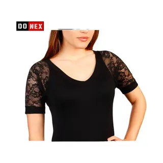 Donex Dameshemd Met Kanten Korte Mouwen - Onderhemd Dames - 92% Katoen - Lycra - Zwart - Maat L/Xl