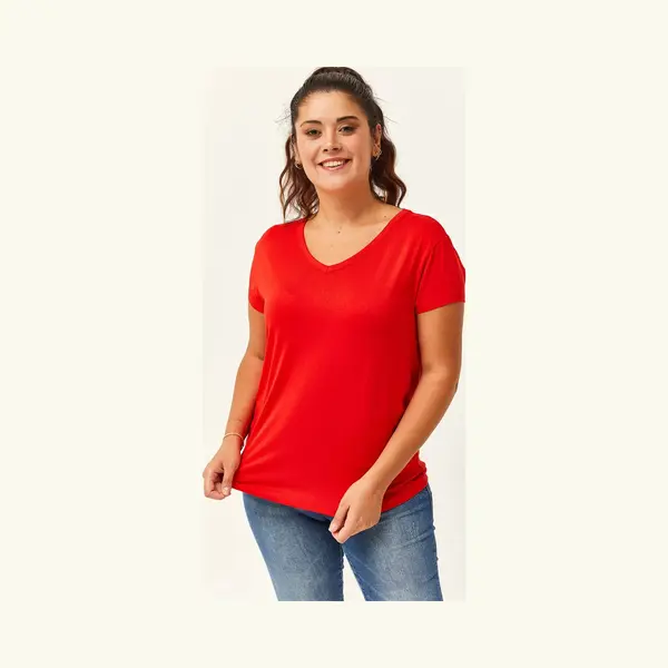 Ebsumu Dames Large T-Shirt - V-Hals Basic Kortemouw, Rood Maat L thumbnail