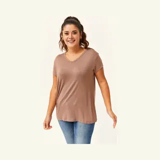Ebsumu Dames V-Hals Basic Kortemouw T-Shirt, Mink 4XL In Grote Maten