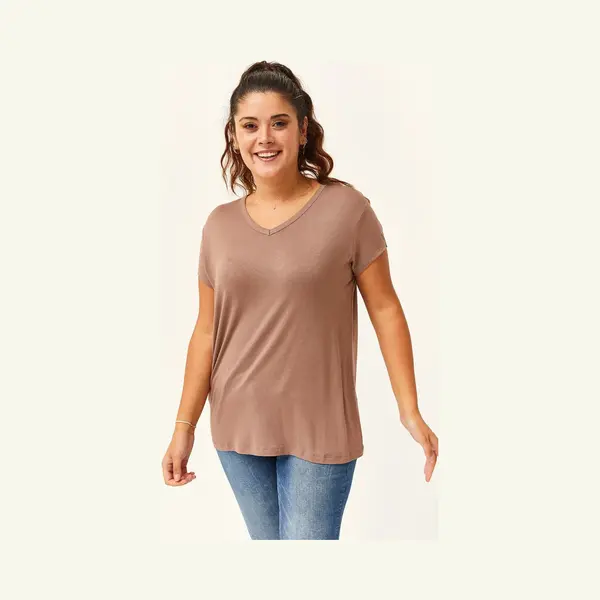 Ebsumu Dames V-Hals Basic Kortemouw T-Shirt, Mink 4XL In Grote Maten thumbnail