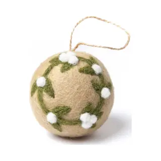Sjaal met Verhaal Kerstbal Vilt - Mistletoe Large Rond - Beige & Groen & Wit - 8cm - Fairtrade