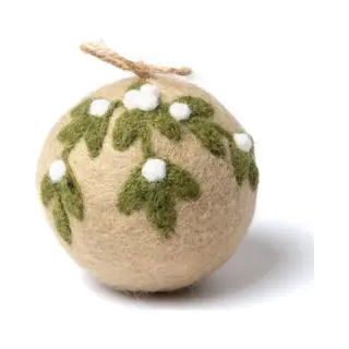 Sjaal met Verhaal Kerstbal Vilt - Mistletoe Large Rond - Beige & Groen & Wit - 8cm - Fairtrade