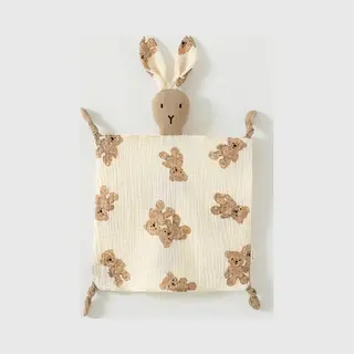 Knuffeldoekje Konijn | Zandkleur | Teddybeer Print | Katoen | Hydrofiel | Baby | Kind