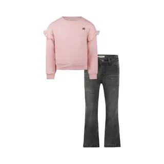 Koko Noko - Kledingset - Basic Collection - Bio Cotton - Dark Grey Jeans Flared - Sweater With Crewneck Dropped Shoulder Dusty Pink - Maat 140