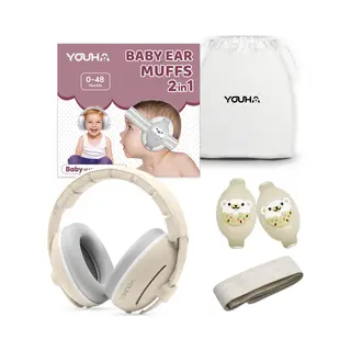 Youha Gehoorbeschermingsset - Gehoorbescherming Geschikt Voor Baby’s En Peuters (0-4 Jaar) - 2-in-1 Set - Anti Slip- En Klitterband - Kleur, Beige