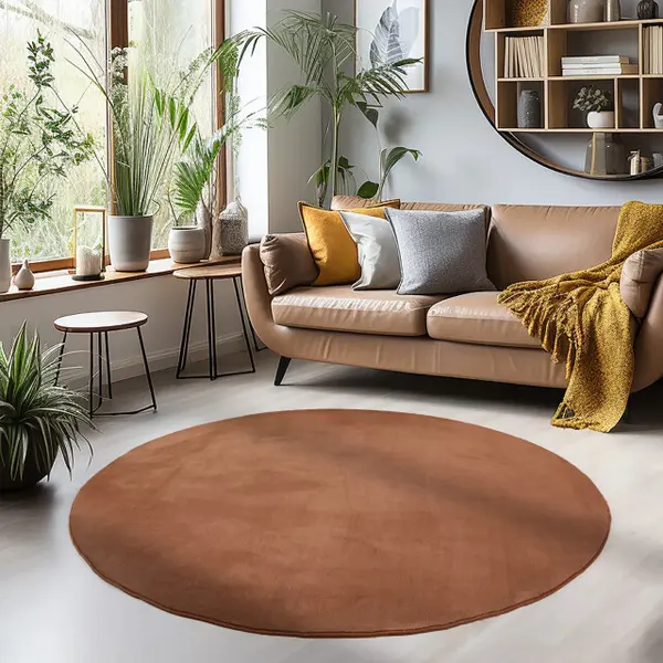 Muratap Sky Soft Uni Basic - Rond Vloerkleed - Laagpolig - Effen Kleur - Bruin - Woonkamer Tapijt - Anti-Slip Rug- 160 Cm Rond thumbnail