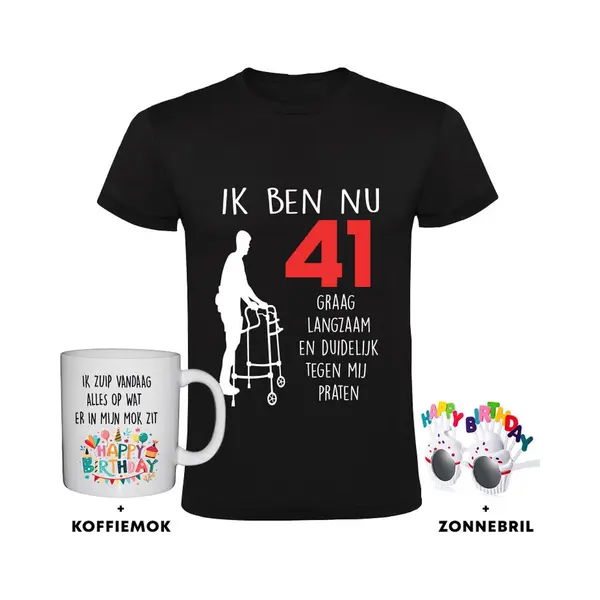 Sol's 41 Jaar Heren T-shirt + Koffiemok + Happy Birthday Bril - 41e Verjaardag - Feest - Grappig thumbnail