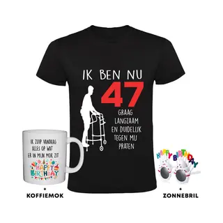 Sol's 47 Jaar Heren T-shirt + Koffiemok + Happy Birthday Bril - 47e Verjaardag - Feest - Grappig