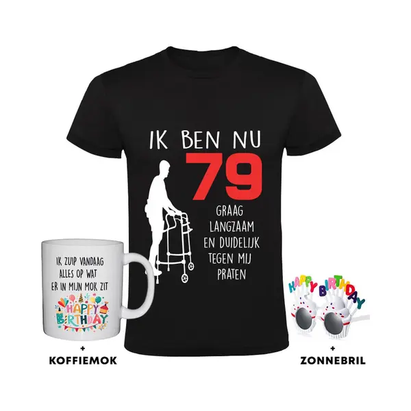 Sol's 79 Jaar Heren T-shirt + Koffiemok + Happy Birthday Bril - 79e Verjaardag - Feest - Grappig thumbnail