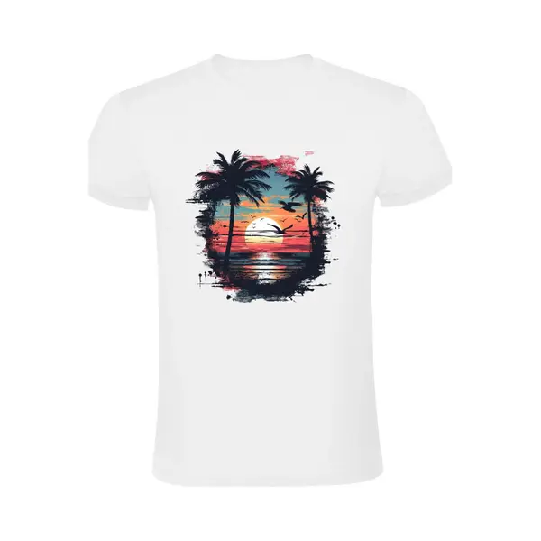 Sol's Sunset Met Vogels Heren T-shirt - Zonsondergang - Natuur - Dieren - Vogels - Palmbomen - Zee thumbnail