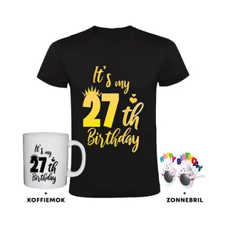 Sol's 27 Jaar Heren T-shirt + Koffiemok + Happy Birthday Bril - Verjaardag - Cadeau - Feest