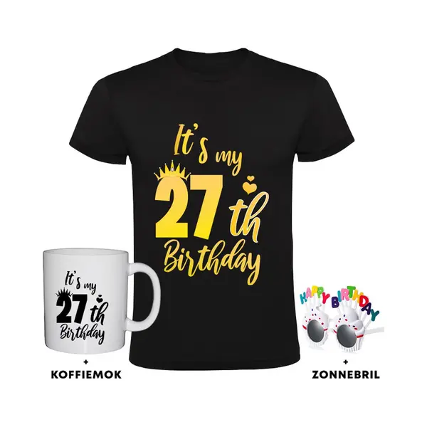 Sol's 27 Jaar Heren T-shirt + Koffiemok + Happy Birthday Bril - Verjaardag - Cadeau - Feest thumbnail