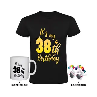 Sol's 38 Jaar Heren T-shirt + Koffiemok + Happy Birthday Bril - Verjaardag - Cadeau - Feest
