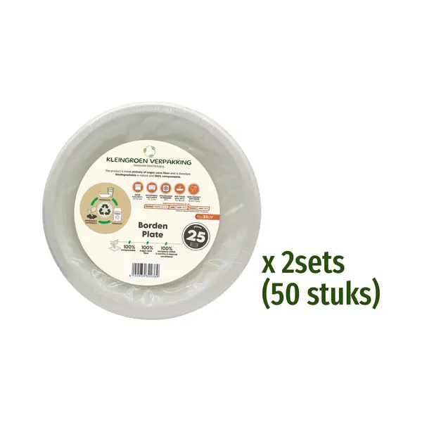 KleinGroen Verpakking Bio Wegwerp Borden - Van Suikerriet - Rond - 23cm - 50 Stuks - Wit Kleur - Composteerbaar En Duurzaam - Feest/ Verjaardag/ Bbq Borden thumbnail