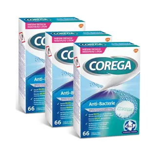 Corega Anti-Bacterie Reinigingstabletten – Dagelijkse Kunstgebit- & Beugelreiniging – 66 Tabletten – 3-Pack (198 Tabletten)