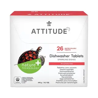 Attitude Dishwasher Pods, Plant-Based & Vegan, Phosphate-Free Detergent Tablets, Naturally Derived, Unscented, 26 Count