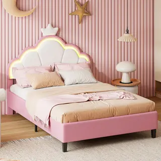 BursDany Gestoffeerd Bed Kinderbed 90x200 Cm Met Led, Eenpersoonsbed Voor Meisjes, Tienerbed Met In Hoogte Verstelbaar Hoofdeinde En Lattenbodem, Prinsessenbed