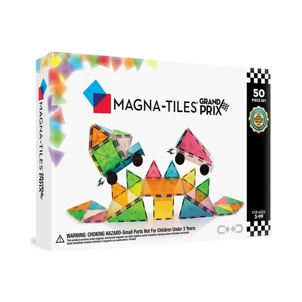 Magna-Tiles 50-teiliges Set Grand Prix Mit Unterschiedlichen, Magnetischen 3D-Bausteinen In Matten Farben Und 2 Fahrgestellen, Fördert Spielerisches thumbnail