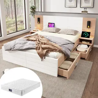 Sonnenh Tweepersoonsbed 140x200cm - Matras 7 Zones Härtegrad H3 - 2 Laden + 19cm Onderruimte - Led Verlichting + Usb - Massief Hout Mdf - 2 Nachtkastjes