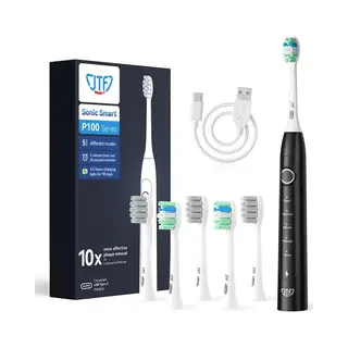 Jtf Sonic P100 Elektrische Tandenborstel Zwart - Inclusief 6 Opzetborstels - Usb-C Oplaadbaar - Ingebouwde 2 Minuten Smart Timer - 5 Poetsstanden -