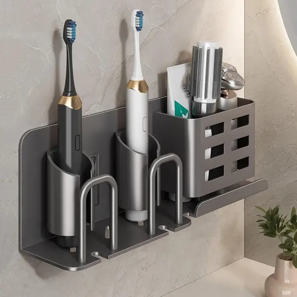 Elektrische Tandenborstelhouder Voor Aan De Muur - Aluminium Badkamerorganizer Zonder Boren - Geschikt Voor 4 Tandenborstels En Bekers, Tandpasta - 2 thumbnail