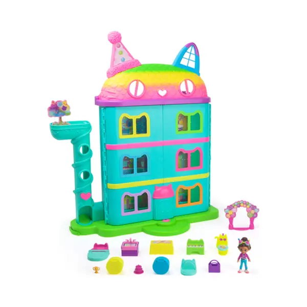 Spin Master Gabby's Dollhouse Dreamworks - 15-teiliges Purrfect Party Puppenhaus Spielset im Regenbogen-Look, über 60cm mit Gabby-Figur, Möbeln und Geräuscheffekten thumbnail