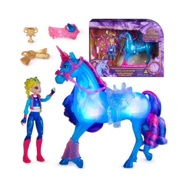 Spin Master Unicorn Academy, Train & Glow River Unicorn with Isabel, 3 Training Accessories & Light up Effect, Dolls & Unicorn Toys for Girls Ages 4 and up thumbnail