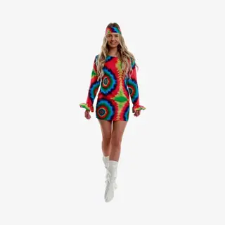 Karnival Costumes Retro Hippie Kostuum Vrouwen Foute Party 60's 70's Carnavalskleding Dames Carnaval - Polyester - Maat M - 3-Delig