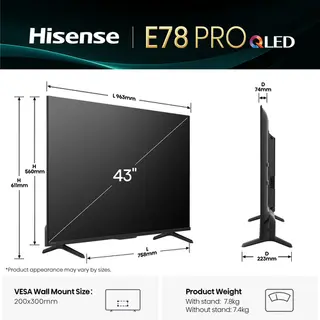 Hisense 43E78QTUK Pro Tv 109.2 cm (43") 4K Ultra Hd Smart Tv Wi-Fi Black 330 cd/m²