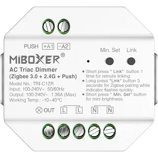 Licht-Zubehoer.de MiBoxer Ac Triac Dimmer | Triac 300W | Zigbee 3.0+2.4G+Push | Ein-Aus | Druckknopf | Wandhalterung