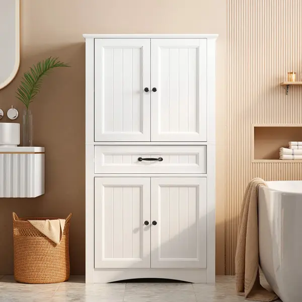 Bealife Badezimmer-staumöbel Modular Moderner Schrank 130cm 2 Türen 1 Schublade Verstellbare Regale Weiß 73x31x130cm thumbnail