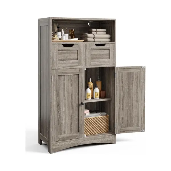 Moderner Badezimmer-niederschrank 108cm Mit 2 Modularen Schubladen, Verstellbaren Regalen Und 2 Türen, Hellgrau, 60x30x108cm - Bealife thumbnail