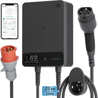 Dé Laadpaal 22kW 32A 3 Fase - Wallbox Met App - 10 Meter Type 2 Vaste Kabel - Ev-laadstation Met Aardlekschakelaar Type B En IP54 Bescherming - Voor