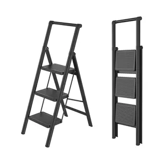 Opvouwbare Trapladder 3 Treden – Huishoudtrap Met Brede Antislip Treden (30×20 Cm), Stabiel & Belastbaar Tot 250 Kg – Met Leuning – Zwart